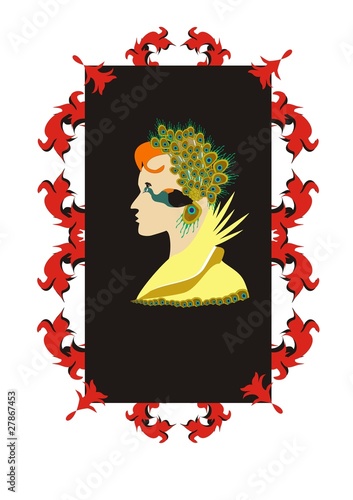 Profile of the red beauty with a peacock