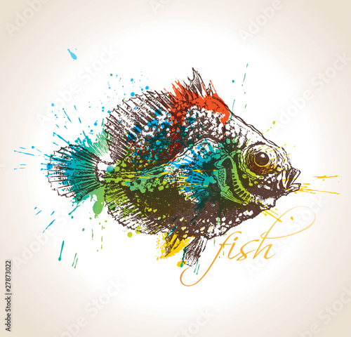 The vintage fish with colorful drops and sprays on a beige backg