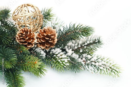 Christmas decoration with Fir branch on white background