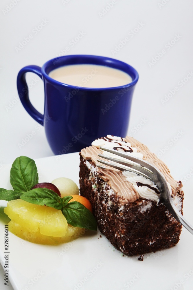 cholocate cake white milk tea isolated on white cholocate cake white milk tea isolated on white