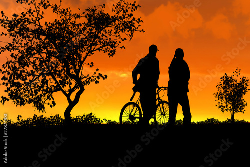 Couple walking in the park at sunset