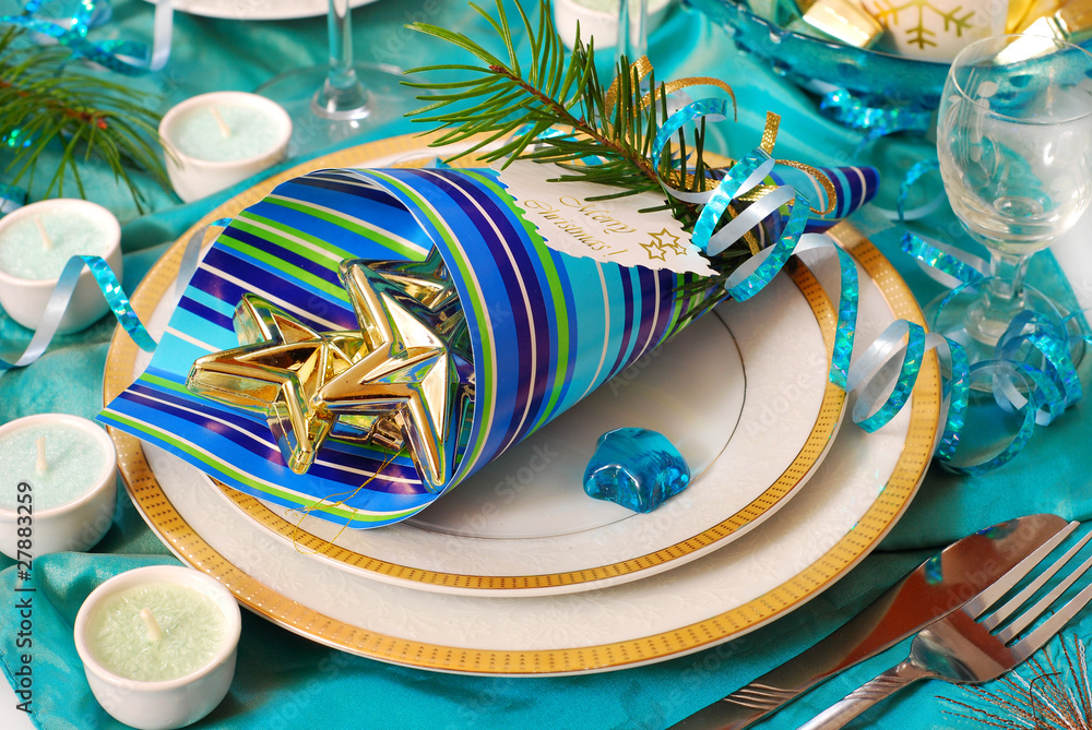 christmas table decoration in turquoise  colors