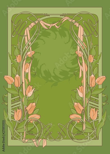 Vector template of art deco poster with tulips and ribbon.