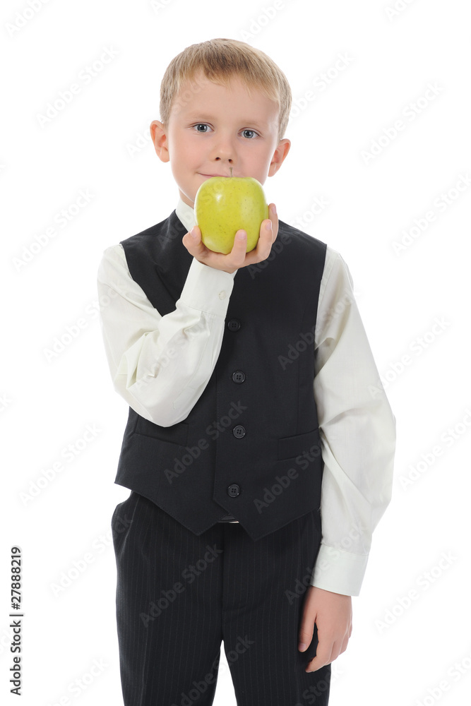 boy holds an apple