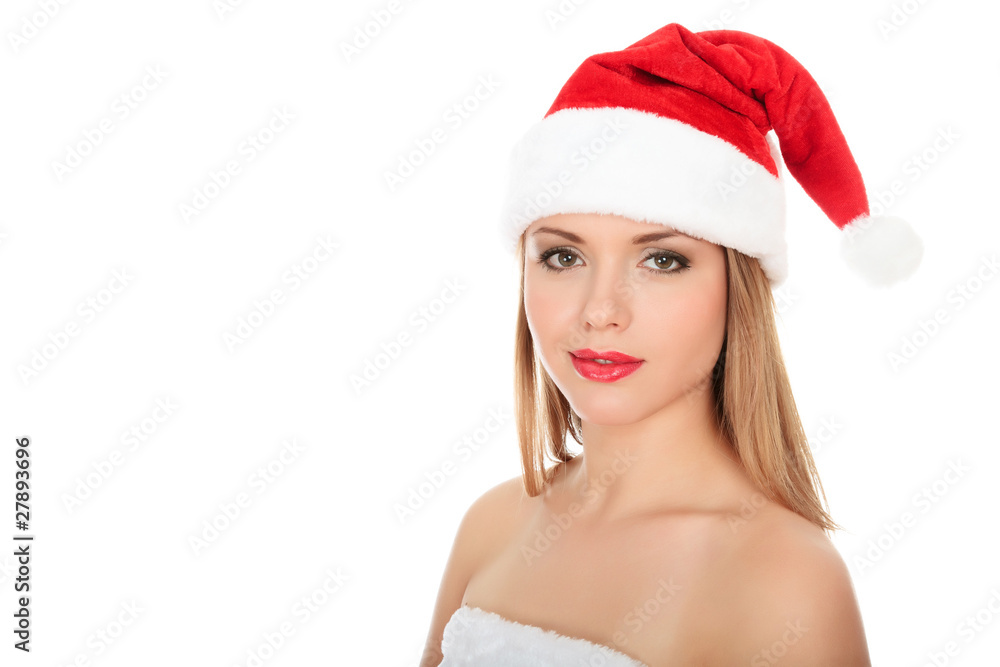 Beautiful young woman in red wearing santa hat. Beautiful young woman in red wearing santa hat.
