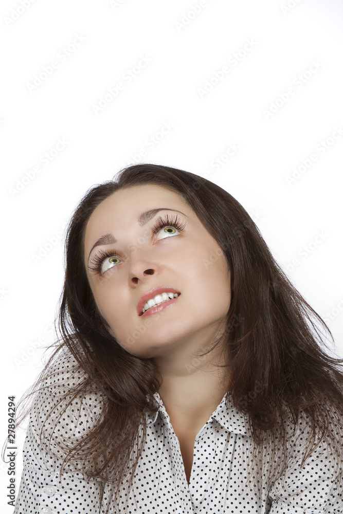 Closeup portrait of young woman doubt and thinking Closeup portrait of young woman doubt and thinking