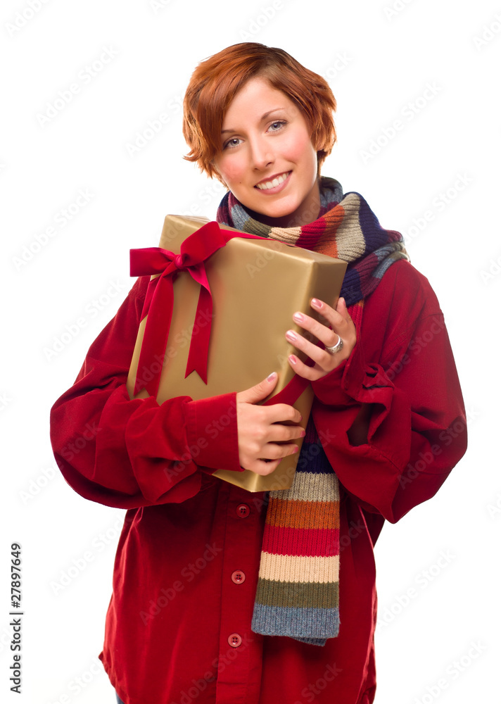 Pretty Red Haired Girl with Scarf Holding Wrapped Gift Pretty Red Haired Girl with Scarf Holding Wrapped Gift