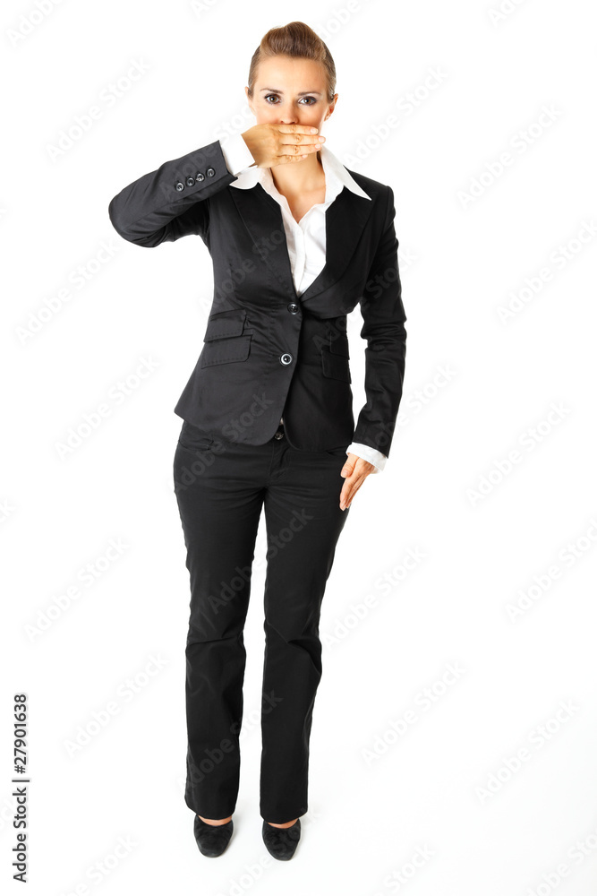 Modern business woman with hand on mouth isolated on white. Modern business woman with hand on mouth isolated on white.