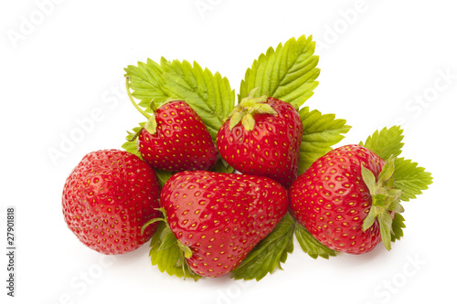 Five strawberries with leaf isolated on white