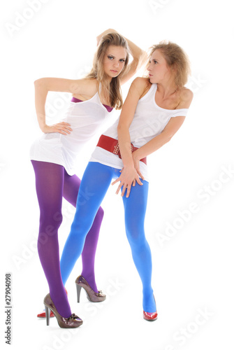 Two young woman in colour stockings