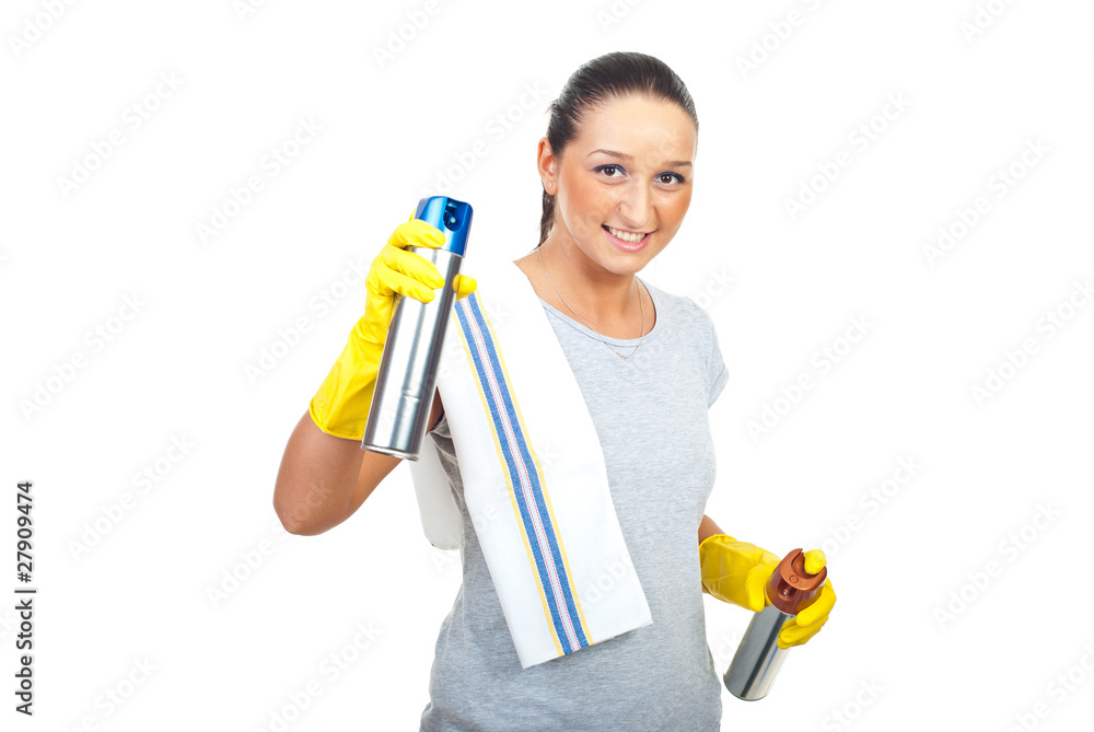 Cleaning woman with two dust spray Cleaning woman with two dust spray