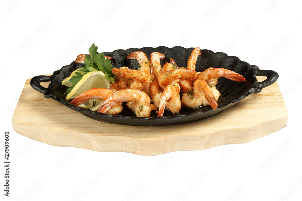 Shrimp grill on metallic dish and wood board Shrimp grill on metallic dish and wood board