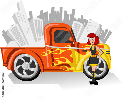 Girl and Orange Pickup truck with bright yellow fire