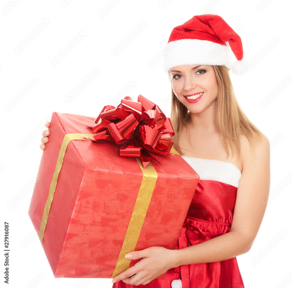 .Cheerful santa helper girl with big gift box .Cheerful santa helper girl with big gift box