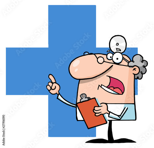 Doctor Holding A Clipboard Over A Blue Cross