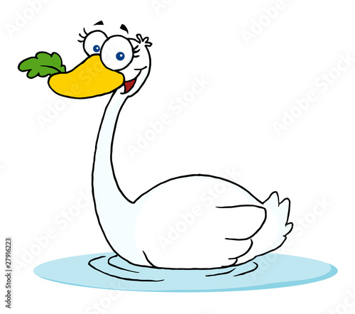 Swimming Swan With A Leaf In Its Beak