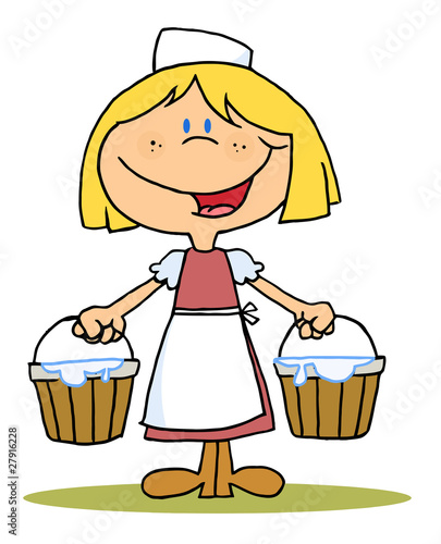 Friendly Blond Maid Carrying Milk Buckets