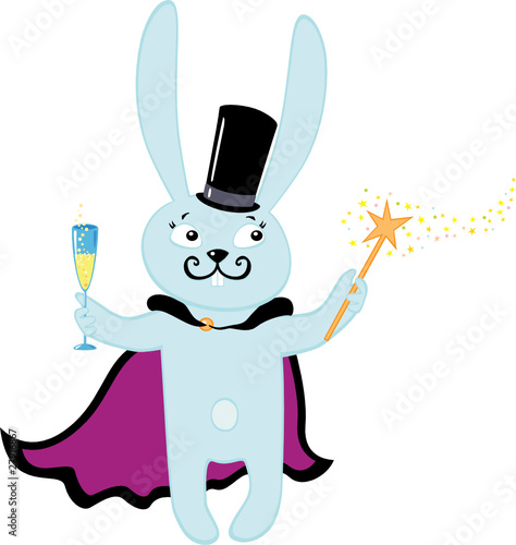 Rabbit in top hat with glass of champagne and magic wand