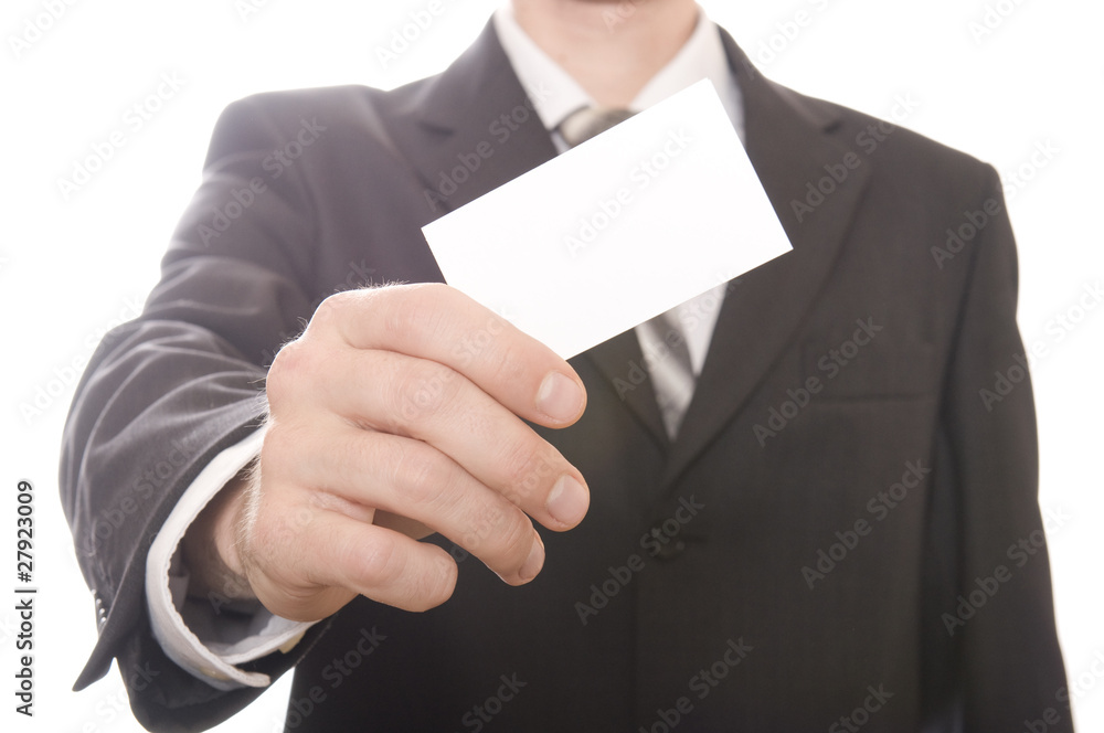 Business man handing a blank business card over white Business man handing a blank business card over white