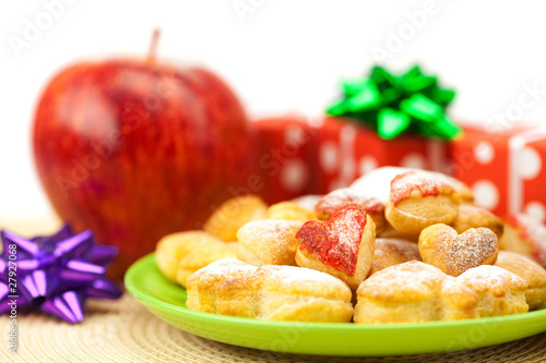 Dish, cookies, nuts, apple, bows, boxes, gifts, Christmas balls