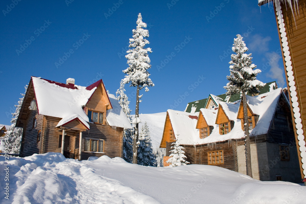 Naklejka premium snow-covered house is in Carpathian Mountains, Ukraine, Dragodra