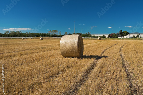 Rolling haystack in countryside.