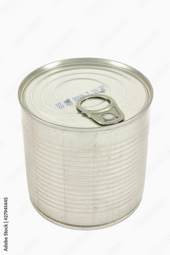 Closed can with key over white background.