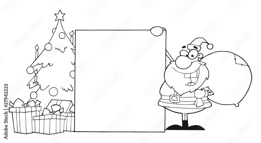 Outline Santa Claus Presenting A Blank Sign With Christmas Tree Outline Santa Claus Presenting A Blank Sign With Christmas Tree