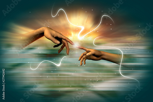 michelangelo's hands on a heavenly background