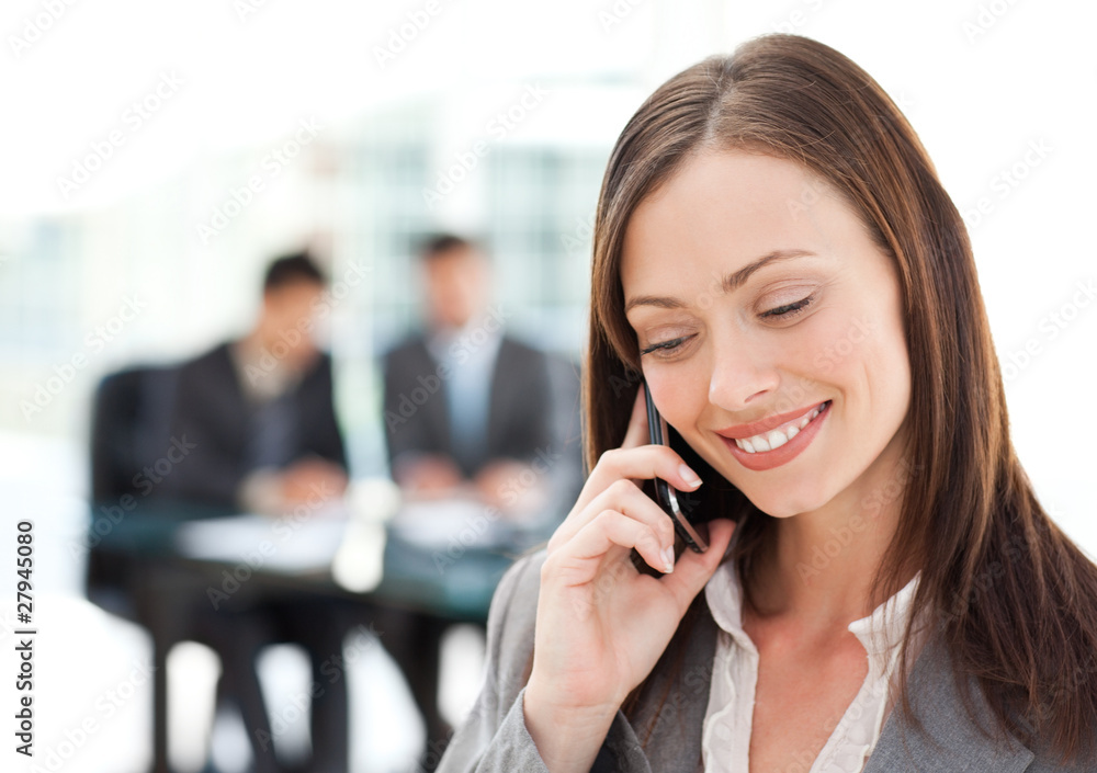 Pretty businesswoman on the phone while her team is working Pretty businesswoman on the phone while her team is working