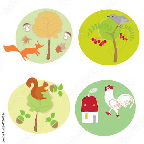 Icons with animals - fox, squirrel,bird, cock