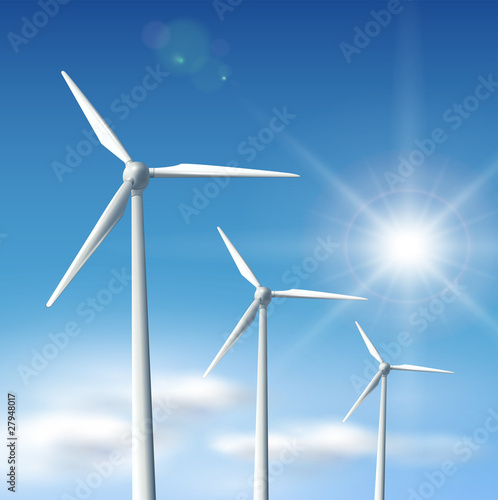 Wind turbines and blue sky, vector.