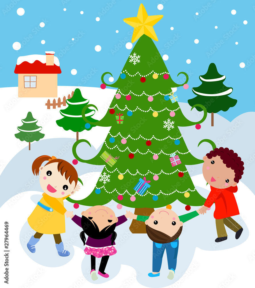 children around a beautiful, festive Christmas tree children around a beautiful, festive Christmas tree