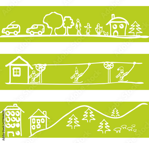 dessin d'enfant ville, montagne et sports d'hiver