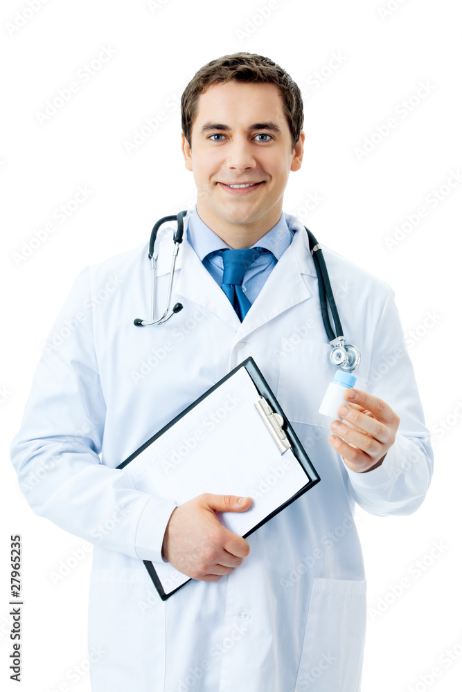 Happy smiling doctor with medicament and clipboard, isolated on Happy smiling doctor with medicament and clipboard, isolated on