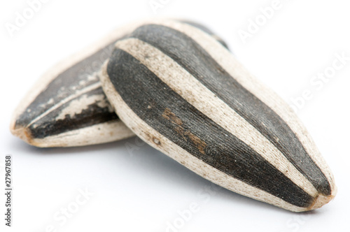Sunflower seeds, macro over white with shallow depth of field.