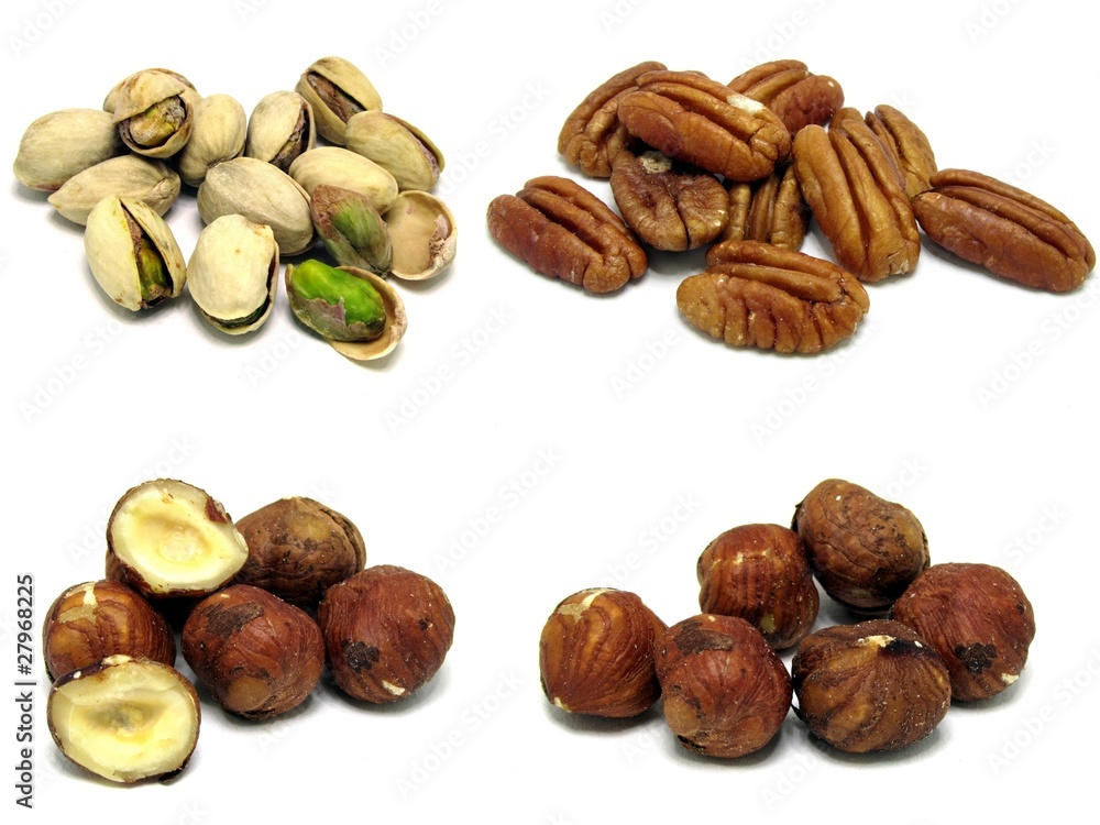 Pistachio Pecan Hazel Nuts on white background Pistachio Pecan Hazel Nuts on white background