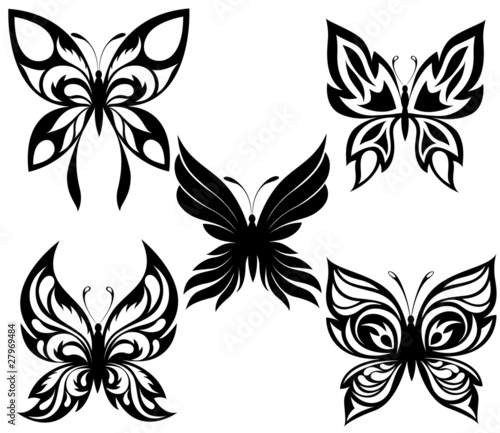 Set  black white butterflies of a tattoo