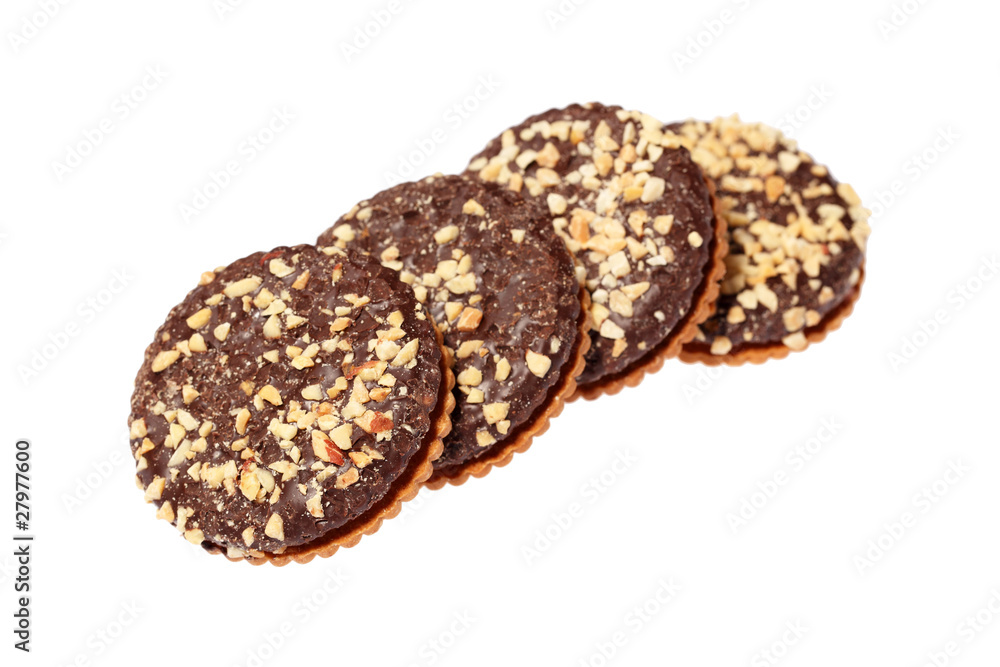Chocolate biscuits sprinkled with nuts Chocolate biscuits sprinkled with nuts