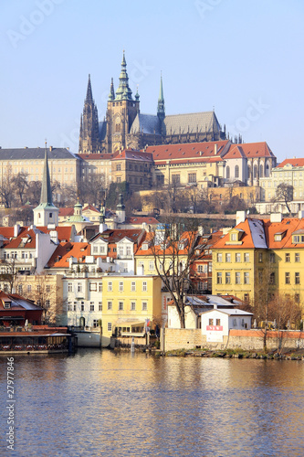 First Snow in Prague  gothic Castle above the River Vltava