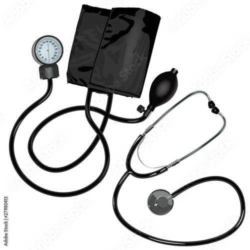 The stethoscope and pressure gauge device on white background.