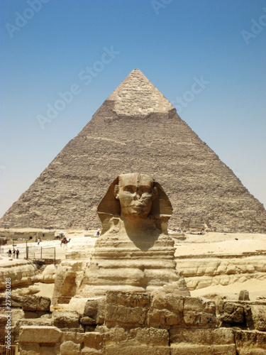 Front on view of The Sphinx and Kafre's Pyramid in Giza. photo