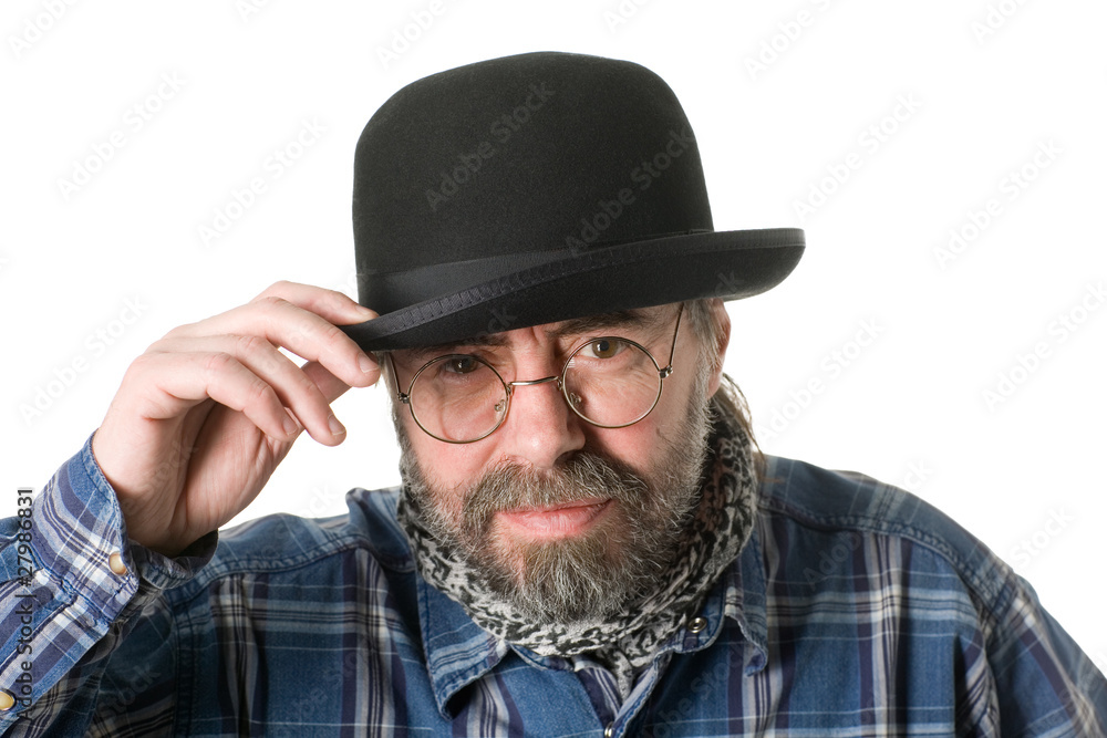 Curious man with a beard and a bowler hat. Curious man with a beard and a bowler hat.