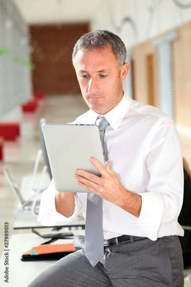 Office worker looking at internet on electronic pad Office worker looking at internet on electronic pad