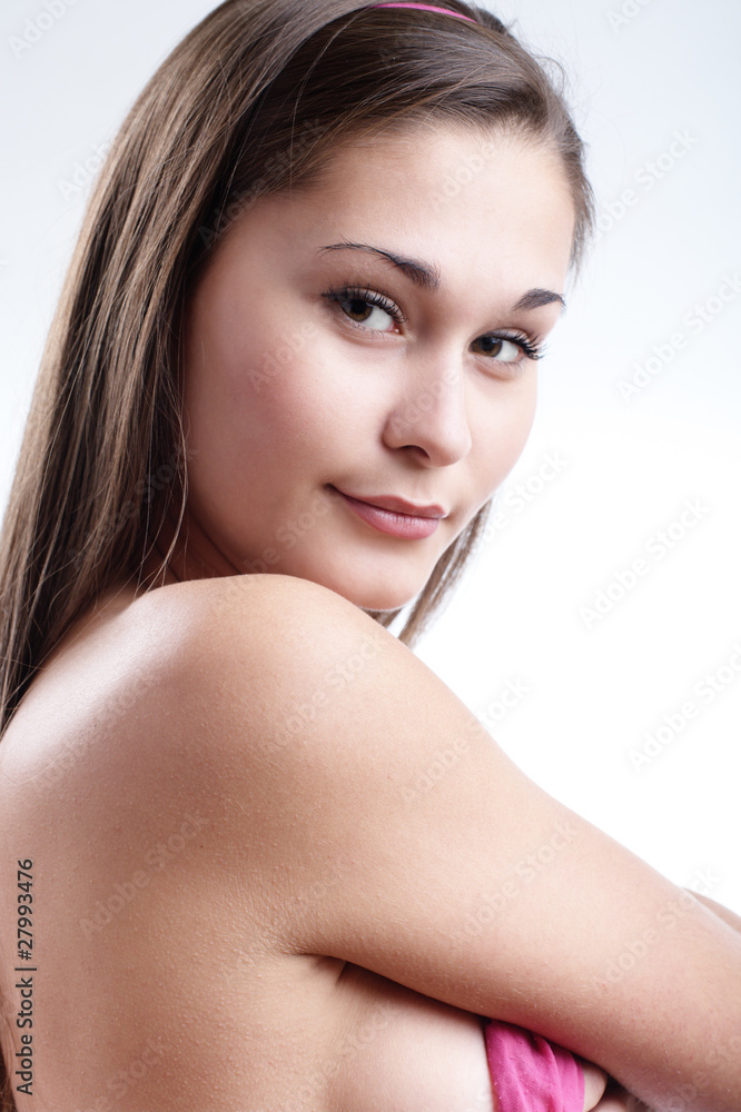 Portrait of woman in pink towel Portrait of woman in pink towel