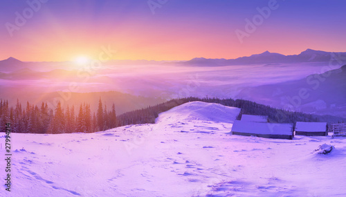 colorful winter sunrise in the Carpathian mountains