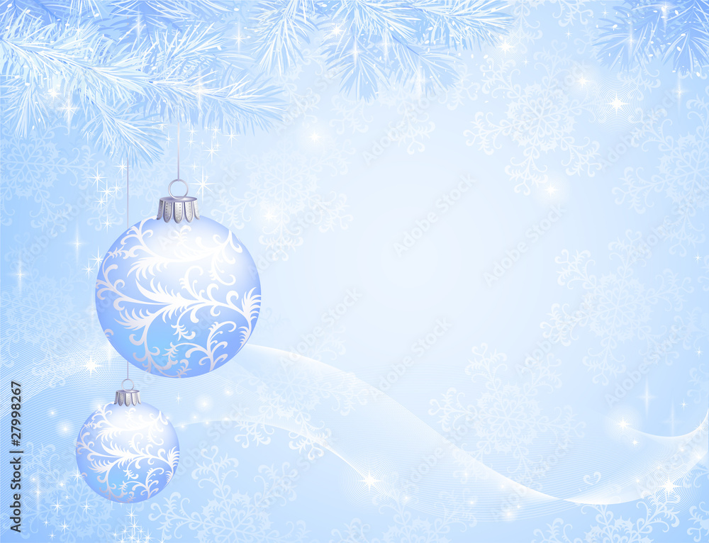Blue christmas balls hanging from fir-tree Blue christmas balls hanging from fir-tree