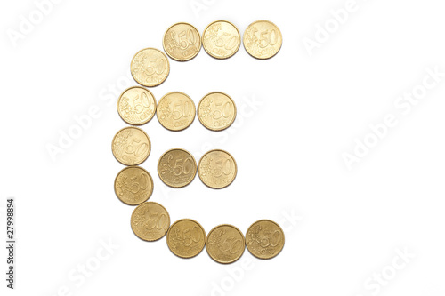 Euro symbol made with euro coins isolated on white