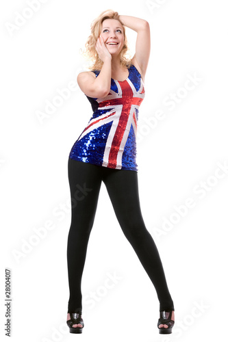 smiling woman wearing union-flag shirt