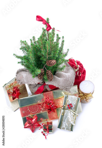 Presents udner the christmas tree, isolated on white photo